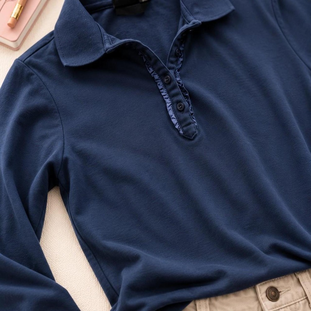 Nautica Girls School Uniform Long Sleeve Polo Shirt Navy Blue Ruffle Size XL 16